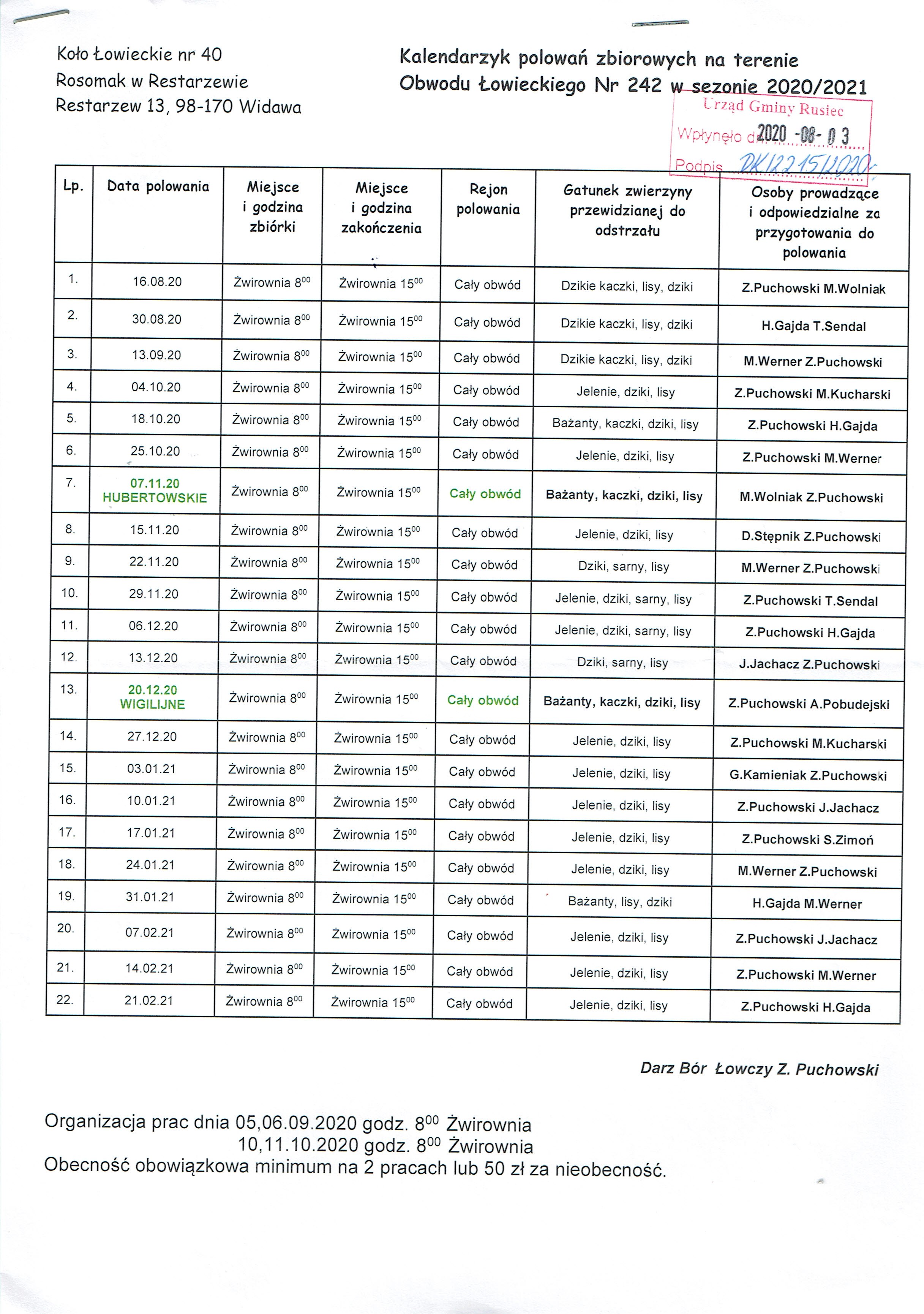 kalendarzyk polowań